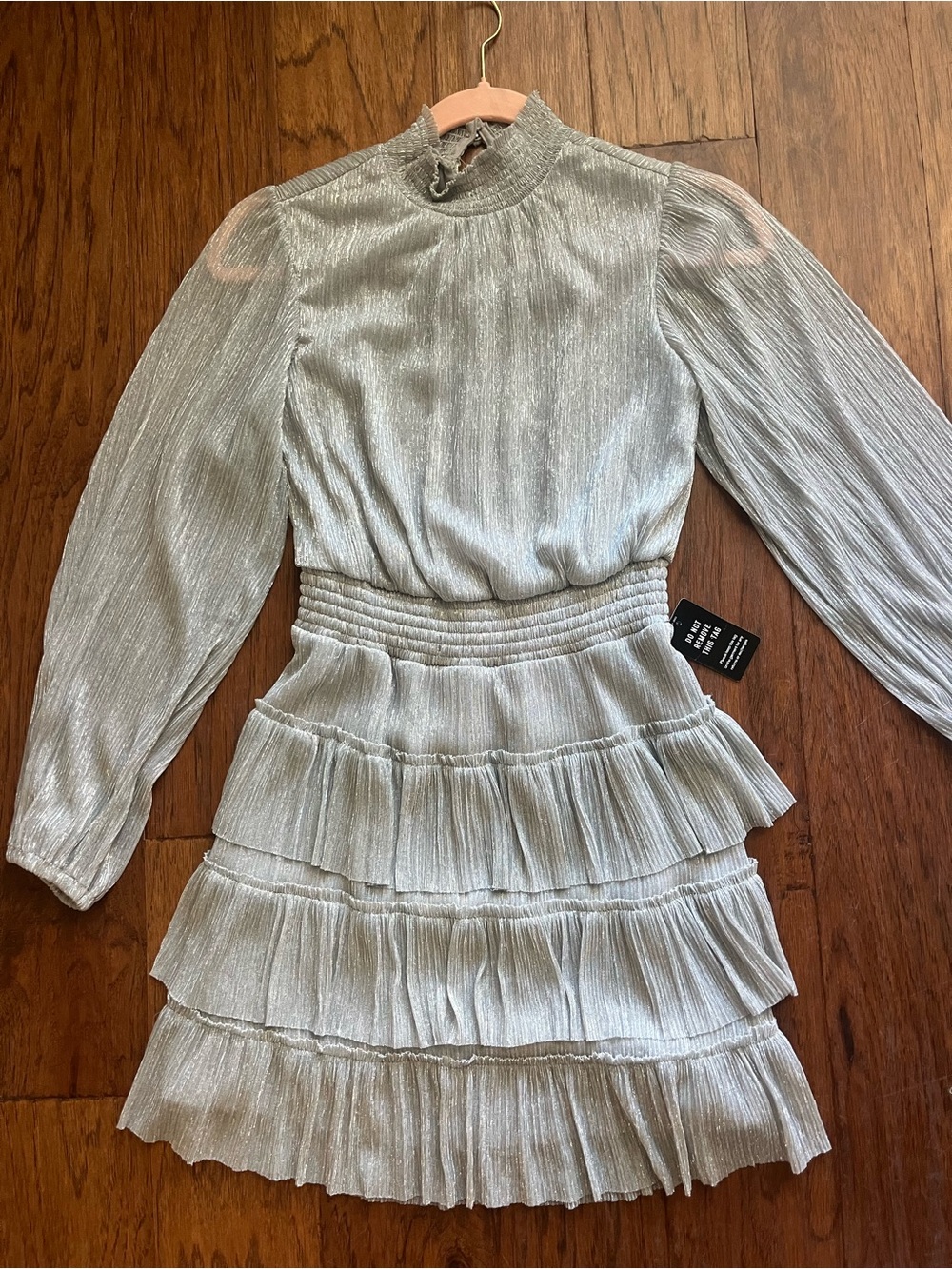 Express Silver Long-Sleeve Tiered Ruffle Mini Dress